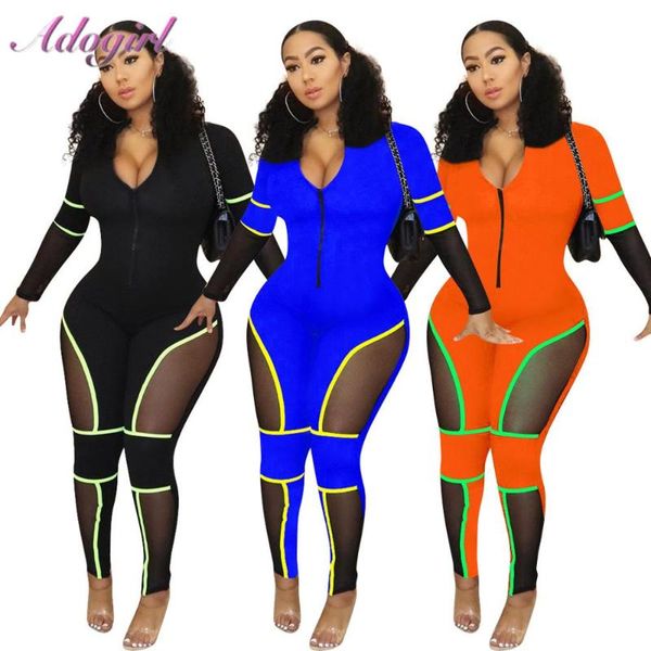 

casual sheer mesh patchwork bandage jumpsuit women zipper front v neck long sleeve tracksuit outfit rompers night club overalls, Black;white