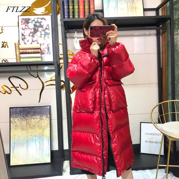 

ftlzz 2019 women long down coat winter warm coat long sleeve white duck down parka stand collar outwear zipper pocket jacket, Black