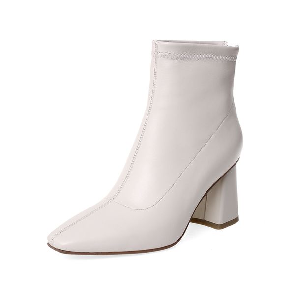 

women's genuine leather thick high heel autumn ankle boots square toe elegant ladies dress boots female short booties shoes sale, Black