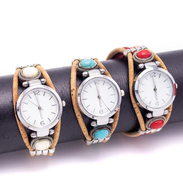 

натуральная пробка ручной работы с зеленым красным белым камнем женские часы браслет часы деревянный ремешок wa-95, Slivery;brown