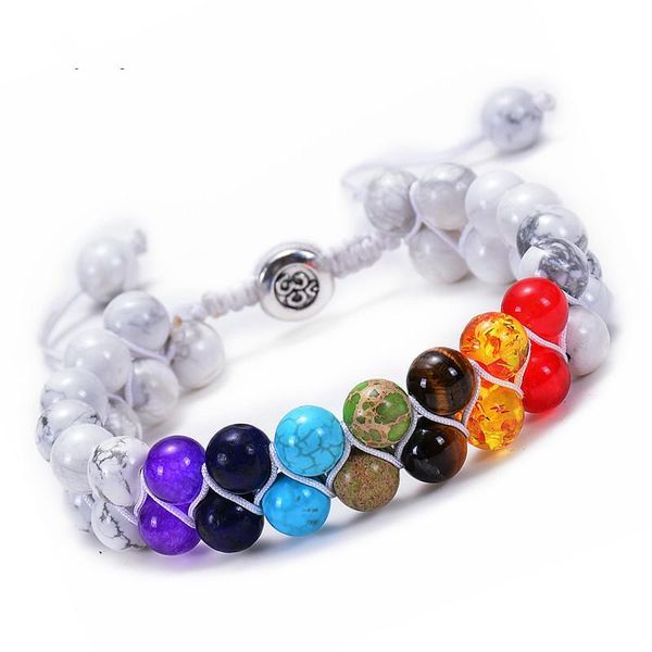 

double layer natural healing stone bracelet white howlite turquoises yoga beads bracelets adjustable braided rope for couples, Black