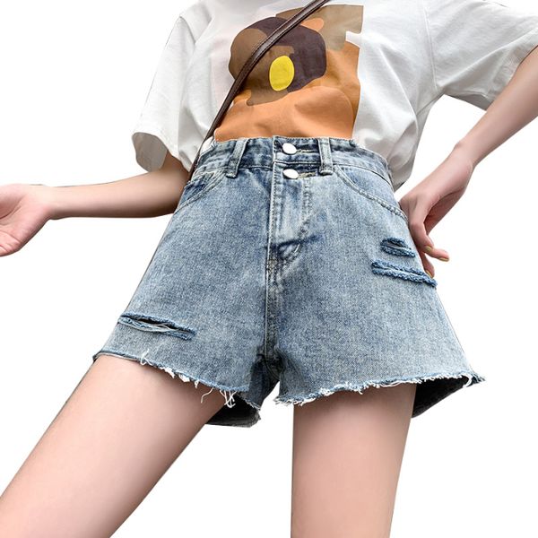 

ретро мода синий шорты шлифовального wash с отверстиями высокой талией сыпучие подшить короткие джинсы для женщин, Blue