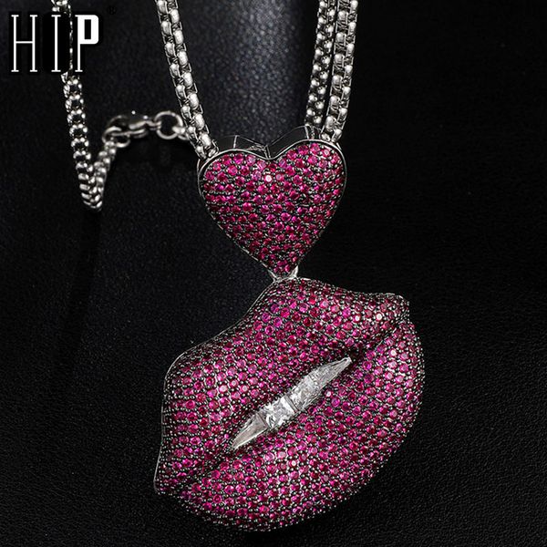 

hip hop full iced out cz + purple lips square stones solid back pendants & necklaces men women for men charm jewelry, Silver