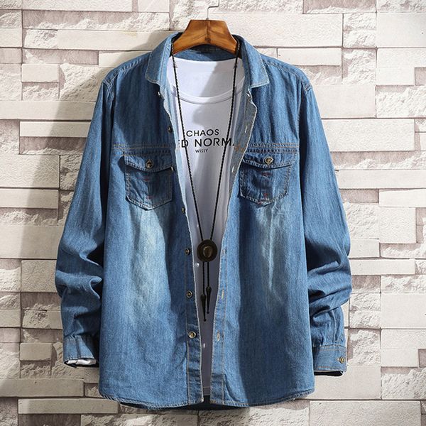 

feitong denim shirt men's new style fashion long sleeve turn-down collar soft shirt casual blue bottons down blusas male, White;black