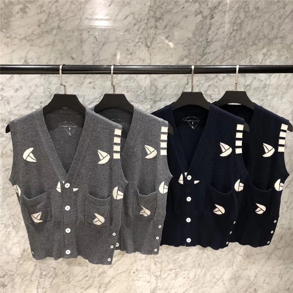 

merino wool knit парусник жаккард, белый 4-bar пройма нашивка классического v-образный вырез кардиган жилет мужских женских свитера, Black;white