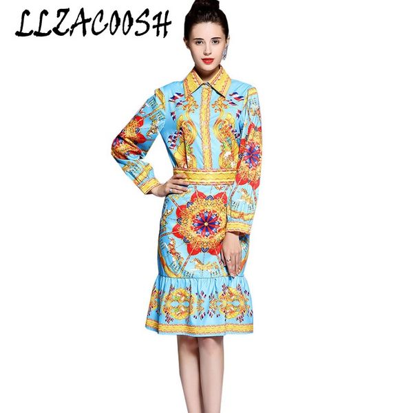 

2018 runway designer women 2 piece set dress fall long sleeve printting flower blouse + bodycon mermaid skirt suits, Gray