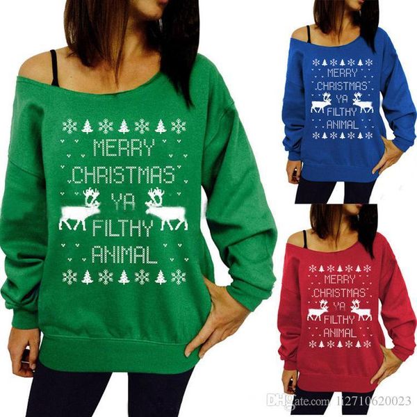 

женская одежда slash шеи толстовки sweathshirt письмо женщины с длинным рукавом осенние топы счастливого рождества пуловер лось толстовка сп, Black