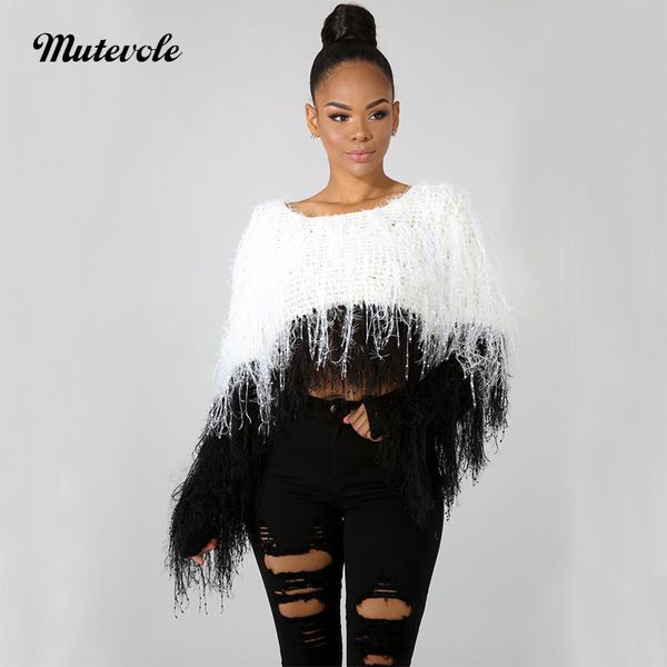 

mutevole fashion o neck tassel sweater women elastic long sleeve knitted sweater pullover night clubwear crochet crop top, White;black