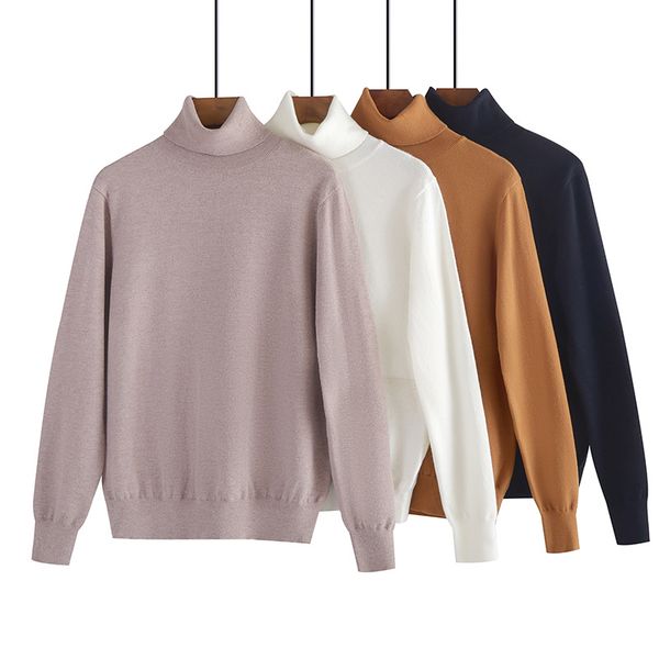 

2019 new solid color sweater female autumn loose casual high collar long-sleeved sweater black in camel beige flower khaki, White;black