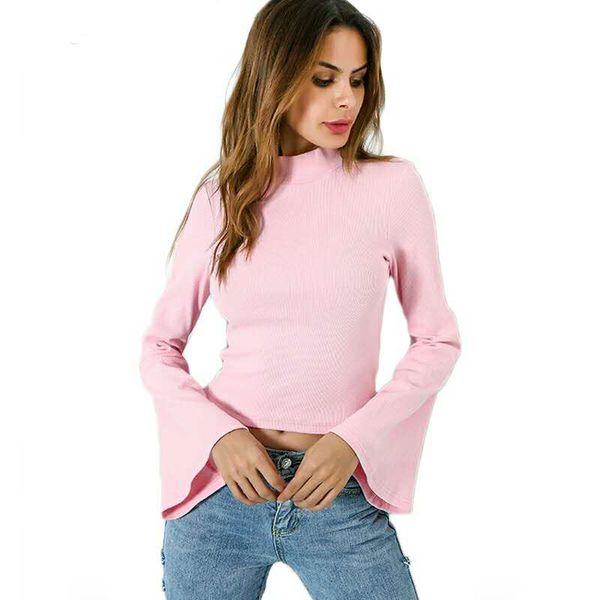 

autumn new fashion turtleneck t-shirt woman long sleeve soild color t shirt flare sleeve casual tees female, White