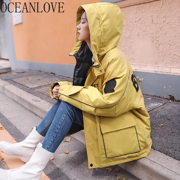 

oceanlove thick winter coat women print letters warm parkas zipper bf loose pockets 2019 fashion hooded jacket female 13120, Black