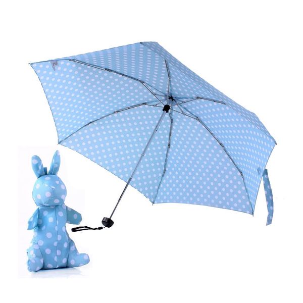 5 faltbare Mini-Taschen, Regenschirm in niedlicher Hasen-Puppentasche, ultraleichtes 3D-Hasen-Etui, UV-Schutz, Sonne, Regen, Sonnenschirm, weiße Punkte, rosa, blau