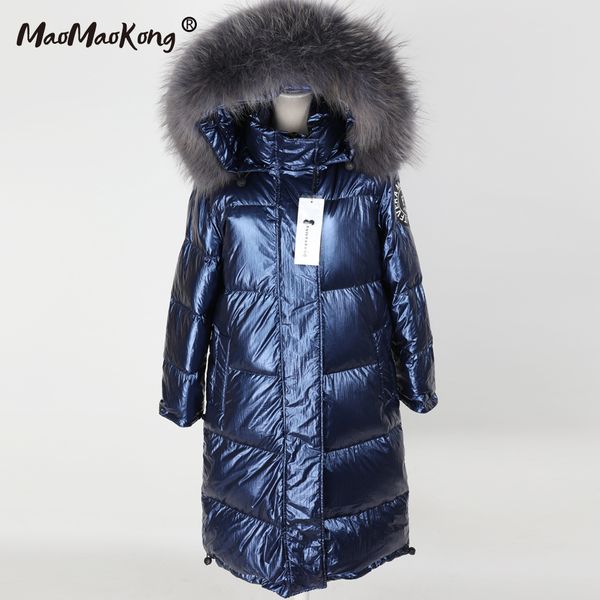 

одежда натуральный мех енота большой воротник белый утка вниз куртка пальто длинное пальто зимы bright женщин, Black