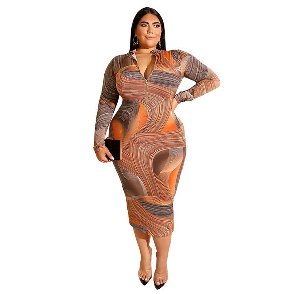 

19311europe and the united states printed tight package hip zip front and back wear large size women dress, Black;gray
