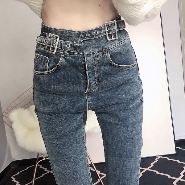 

fashion women's hair high waist elastic thin feet pants pencil pants jeans women, Blue