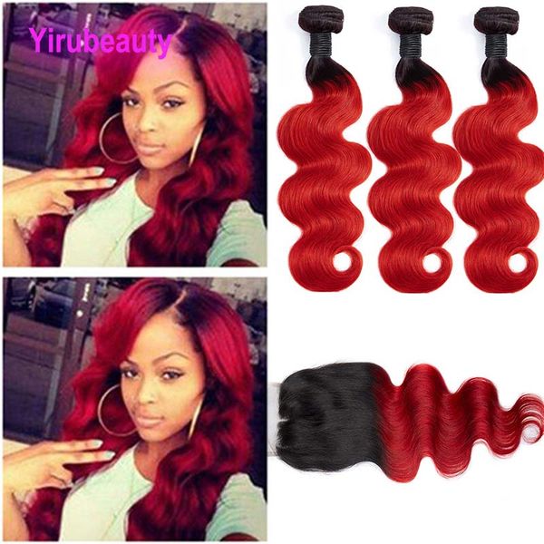 Tramas de cabelo humano 100% malaio com fechamento de renda 4X4 Onda corporal 1B/vermelho Ombre Extensões de cabelo 3 pacotes com fechos 1B vermelho