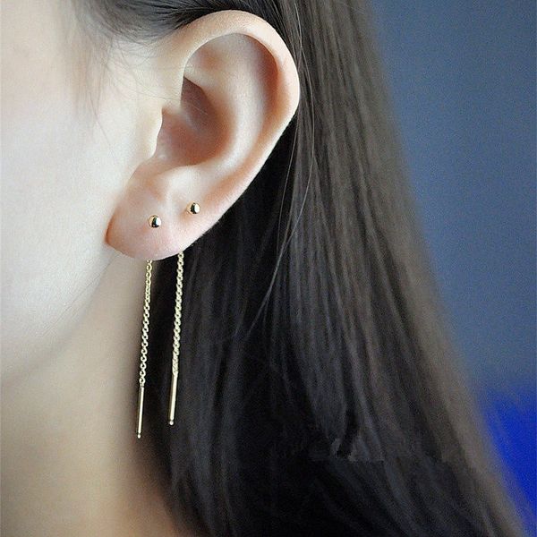 

rir minimalism gold threader tassel earrings stainless steel tiny ball drop long chain earrings 12mm/9mm/6mm choose, Silver