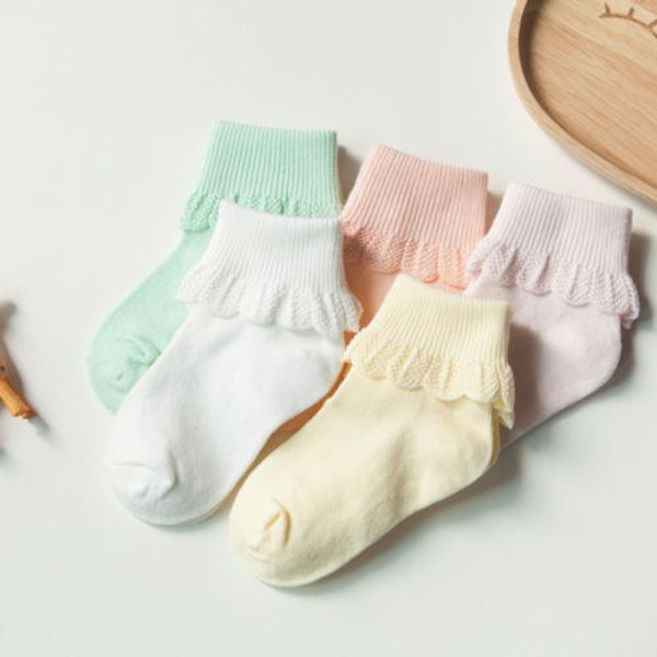 

5 pairs muti color infant baby socks non skid with grip newborn for 0-6years girl sweet cotton solid color lace socks
