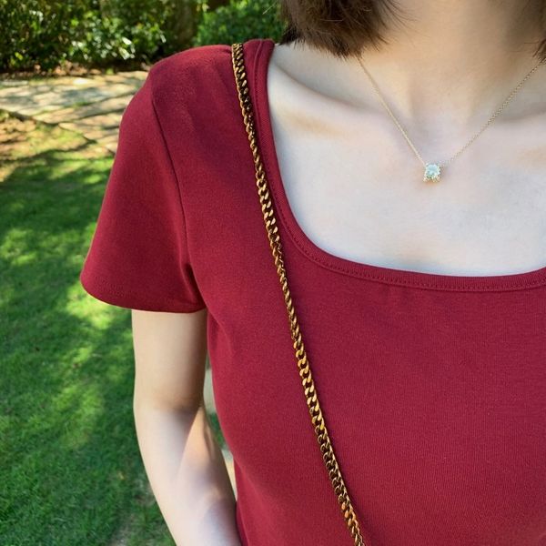 

2020 summer square collar women's short sleeves t-shirt t-shirt slim versatile simple solid color fashion, White