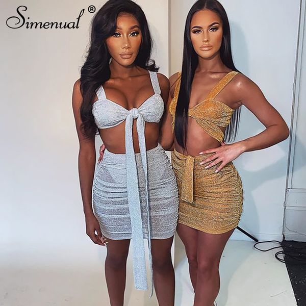 

simenual glitter ruched bandage matching set women party clubwear sleeveless two piece outfits slim crop and skirt sets, White