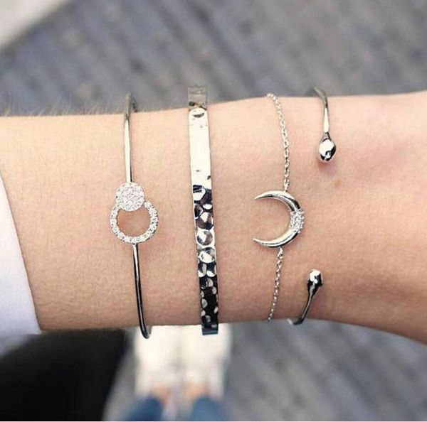 

4pcs/set women's fashion punk moon bracelet simple knot loop metal chain bracelet bohemian pulseira feminina jewelry accessorie, White
