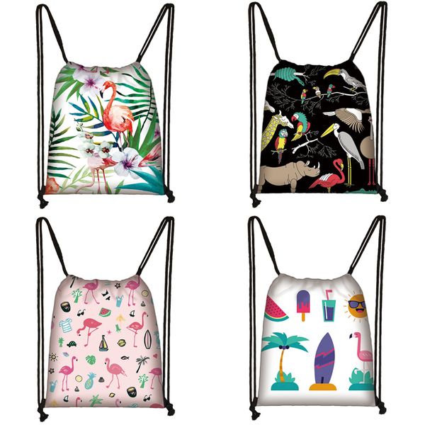 

мультфильм фламинго печати drawstring сумка женщины дорожная сумка подросток школа коричневый девушка и мальчик рюкзак мода сумки для хранен