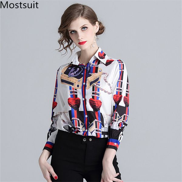 

runway fashion designer women printed office elegant shirts blouses 2019 autumn full sleeve turn-down collar fashion blusas, White