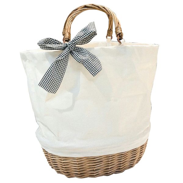 

women casual straw canvas stitching bag rattan portable canvas bag woven shopping