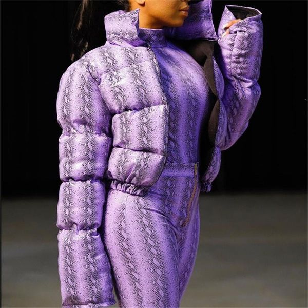 

snake print winter jacket zippers women warm parka bubble coat warm thick parka outerwear crop puffer jacket, Black