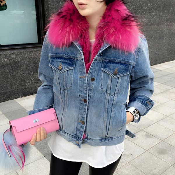 

women's fur & faux women denim jackets short winter and spring coats, Black