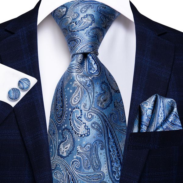 

stock in uk blue white paisley men's silk tie set wholesale classic jacquard woven necktie pocket square cufflinks wedding business n-3, Black;blue