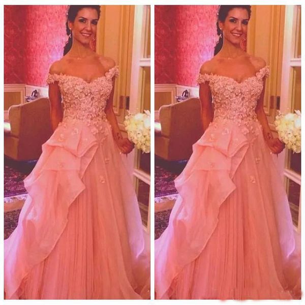 

Off Shoulder Pink Prom Dresses Lace Appliques A-Line Sweep Train Long Ladies Evening Party Gowns 2019 Formal Vestidos De Soiree Custom