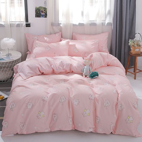

pink stripe duvet cover set cotton double-side print quilt cover bed bedclothes bedsheet with pillow cases no comforter