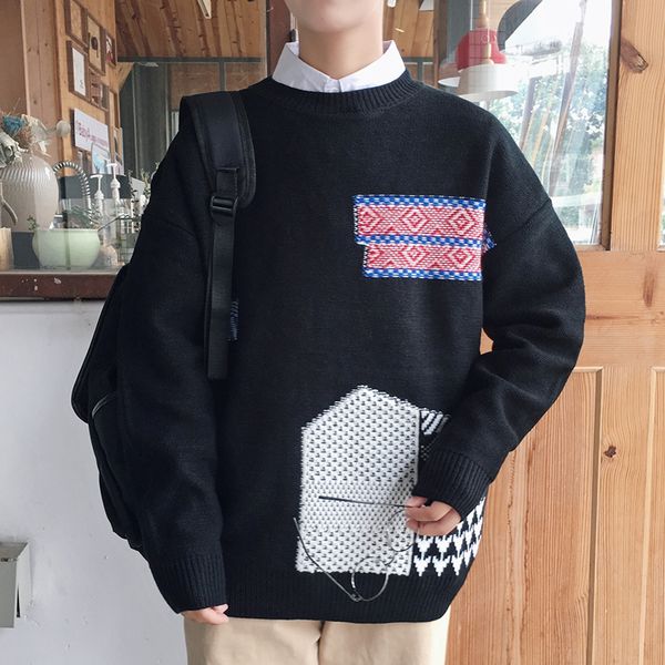 

2018 autumn and winter new round neck pullover sweater boys loose large size casual tide brand popular white / black/ camel -xl
