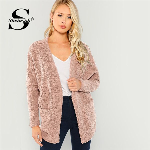 

sheinside pink patch pocket open front faux fur teddy coat fall winter for women 2018 outerwear womens coats and jackets, Black;brown