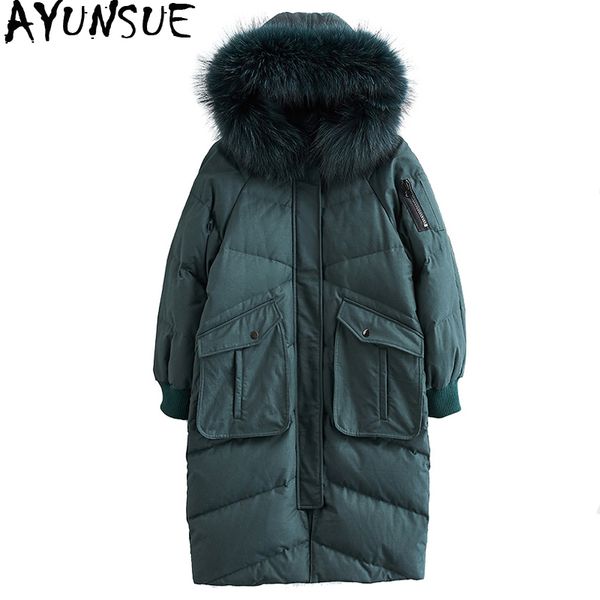

ayunsue winter coat women 90% duck down jacket woman hooded raccoon fur collar parka korean long coats parkas mujer 2019 my1513, Black