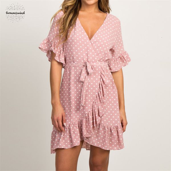 

summer dress 2019 boho beach dress short sleeve v neck polka dot a line party dress fashion vestidos designer clothes, Black;gray