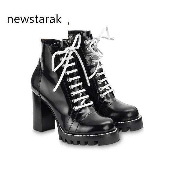 

women's leather boots star trail popular thick heel black leather shoelaces rubber outsole luxury bootswith box