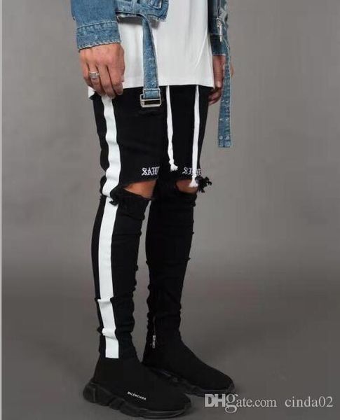 

new fashion mens jean street black holes designer white stripes jeans hiphop skateboard pencil pants, Blue