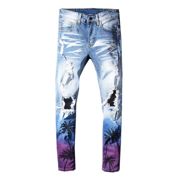

new men's coconut palm printed gradient colored ripped jeans slim fit holes distressed stretch knee hole denim pants trousers, Blue
