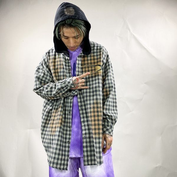 

men spider graffiti long sleeve casual hooded plaid shirt coat male streetwear hip hip loose shirt style jacket outerwear, White;black