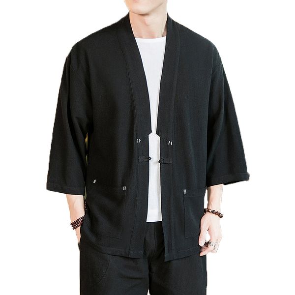 

hanfu shirt 2019 men cotton linen shirts men kimono open stitch shirt male three quarter sleeve harajuku mens dropshipping, White;black