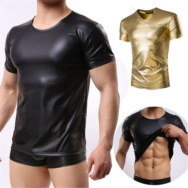 

m-4xl men t shirt black elastic faux leather slim male tshirt short sleeve tee fitness muscle t-shirts man clothes, White;black