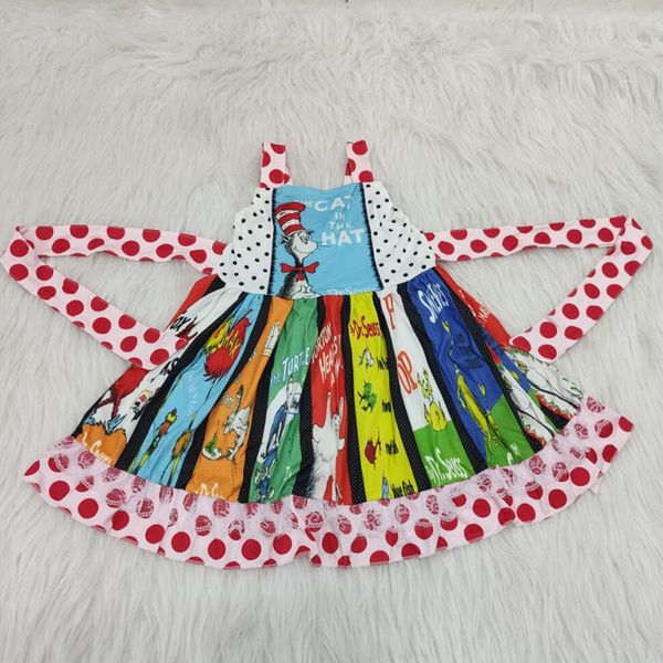 

girl casual dress baby little girl clothes spring summer sleeveless dress christmas cat hat twirl dresses vestido, Red;yellow