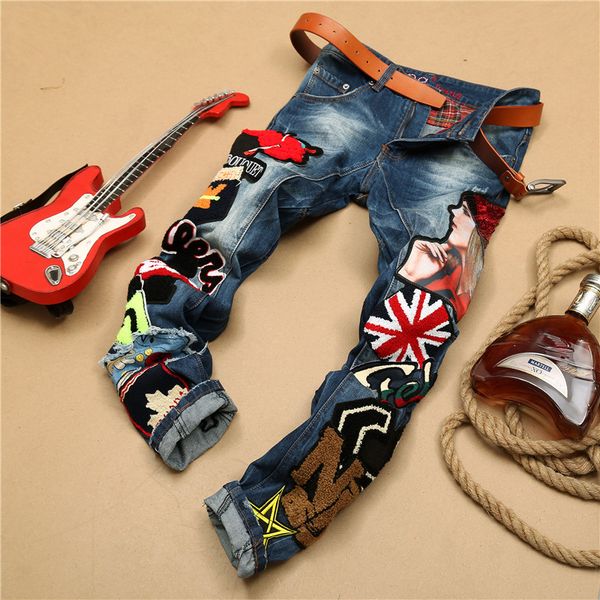 

2019 new fashion brand european style cotton patchwork denim trousers multi badge embroidery jeans luxury slim straight jeans, Blue