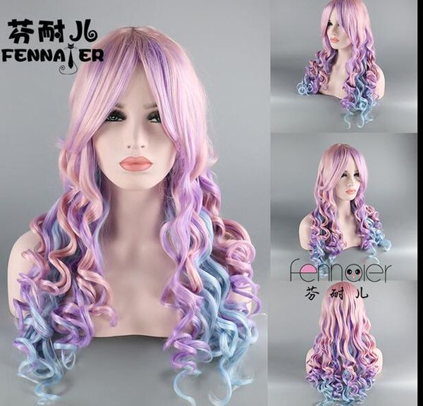 

fashion pink blue and purple mixed three-color gradient long curly hair european and american women's high temperature silk oblique ban, Black