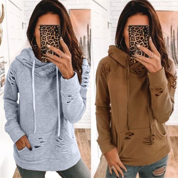 

solid color hooded fashion pullover 2019 women pockets long sleeve hoodies sweatshirt pullover shirt blouse, Black