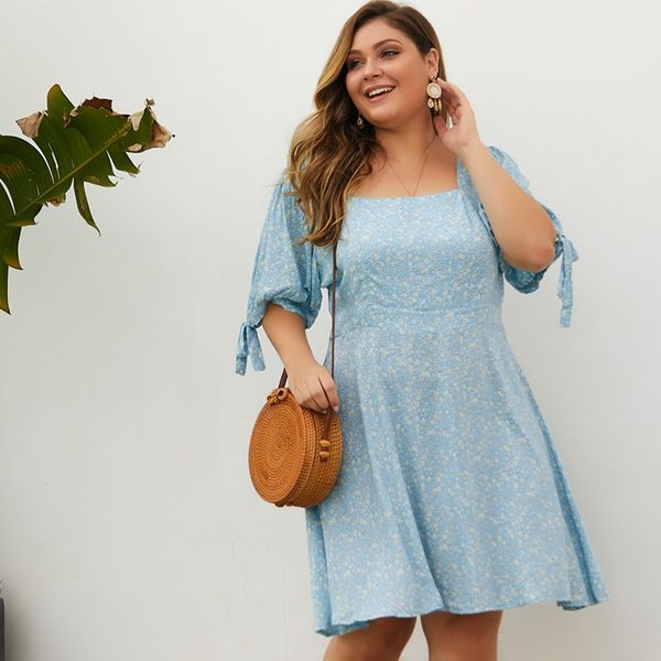 

whzhm vestido de festa dress women bow lacing short puff sleeve sky blue floral a-line plus size 3xl 4xl vintage ladies dress, White;black
