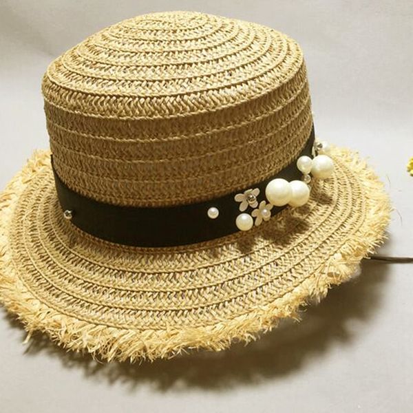 

lovely flat straw hat summer spring women's trip caps leisure pearl beach sun hats breathable fashion flower girl hat, Blue;gray