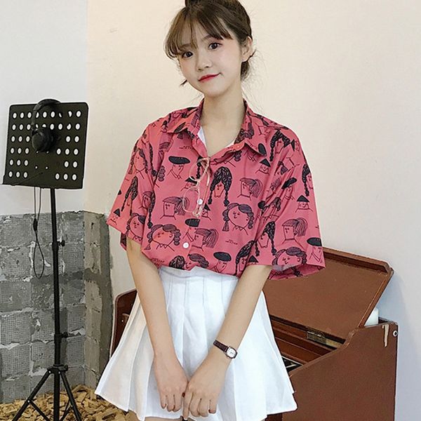 

ladies print blouse cartoon print women blouses shirt loose short sleeve summer shirt, White